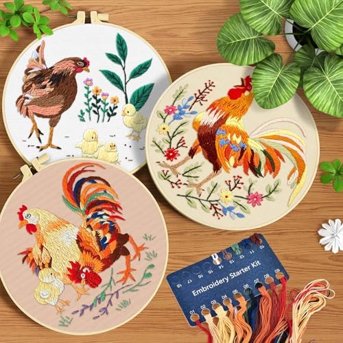 ERKOON 3 Sets Embroidery Kit, Floral Cross Stitch Set for Include Embroidery Cloth Hoops Threads for Craft Lover Hand Stitch (Rooster)
