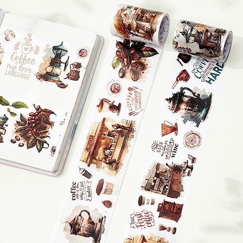 WT Caffeine Canvas Wide PET Tape, Single Roll, Original Designs, Watercolor Vintage Cafe Decorative Transparent Tape, Journal Scrapbook Bujo Planner DIY Craft Supplies, Coffee Theme