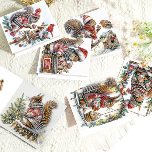 antor 6-Pack Squirrel Christmas Diamond Painting Cards – DIY Diamond Art Greeting Card Kit with Envelopes, Holiday Rhinestone Craft for Adults