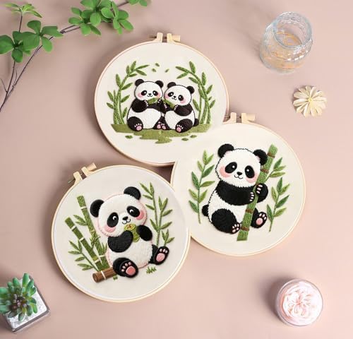 Konrisa Panda Embroidery Starter Kit for Beginners, Cross Stitch Kit with 3pcs Embroidery Pattern, DIY Sewing Project Adult Needlepoint Kit with Hoop, Set of 3