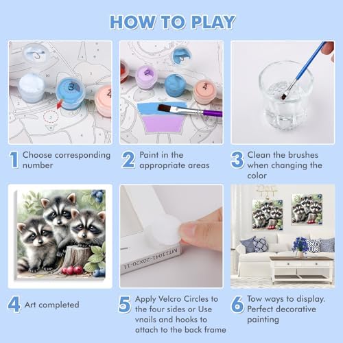 Bowetile Baby Raccoons Paint by Numbers Kit for Adults, Framed Painting by Numbers Animals, Adults' Paint-by-Number Kits on Canvas, Acrylic Number Painting for Home Wall Decor, 12x12in