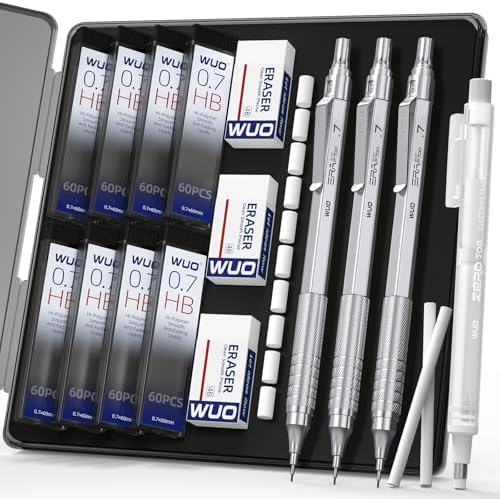 WUO 0.7mm Mechanical Pencil Set, 3 Pack Sliver Metal Drafting Pencils