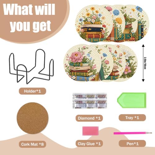 8 Pcs Book Diamond Art Coasters Kits, Book Diamond Painting Coasters