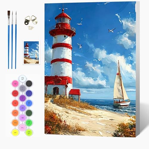 Auremi Lighthouse Paint by Number Kits for Adults,Landscape Paint by Number on Canvas with Frame DIY Painting with Number Acrylic Oil Paint Kits for Home Decor 8x12 Inch