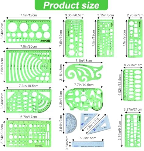 15PCS Geometric Drawings Templates, Measuring Geometry Rulers, Drafting Stencils Measuring Tools
