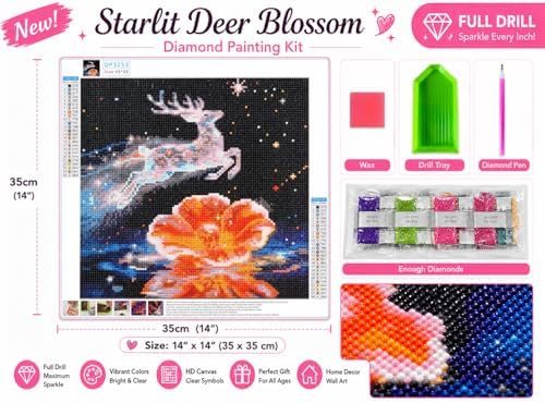 QYLTHRA 5D Full Drill Diamond Painting Kit for Adults & Beginners, DIY Crystal Deer Diamond Art Kit with Fantasy Starry Sky, Golden Flowers & Water Ripples, Home Wall Decor & Gift, 14 x 14 Inches