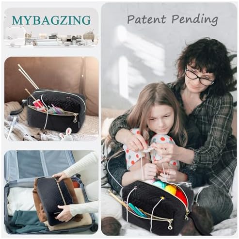 MYBAGZING Small Crochet Bag Organizer - Knitting Yarn Storage for Crocheting Holder Accessories, Needles, Hooks, Gifts, Black, (AM370)