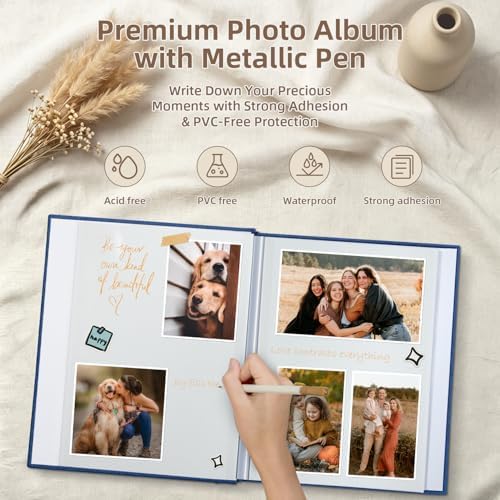 Popotop Photo Album Self Adhesive with Picture Display Window,60 Pages DIY Scrapbooking Supplies Kit for 4x6 10x12 Picture,Linen Cover Memory Book for Baby Wedding, with Scraper and Metallic Pen