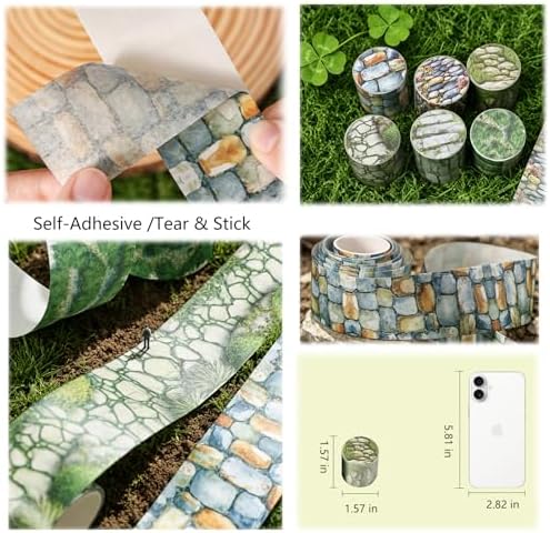 Washi Tape Set,6 Rolls Vintage Stone Road Decorative Masking Tape,Self Adhesive Landscape Border Tape Stickers for Junk Journal,Journaling,Scrapbooking,DIY Craft(Stone Path)