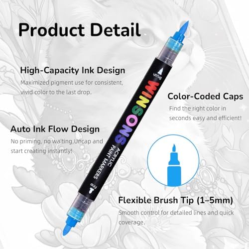 WINSONS 48 Colors Acrylic Paint Marker, Auto Ink-Flow Markers for Drawing, Illustration, Manga Coloring, Sketching Coloring Books