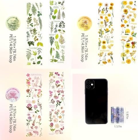 PET Tape Stickers for Scrapbooking Supplies,Floral Journal Stickers for DIY