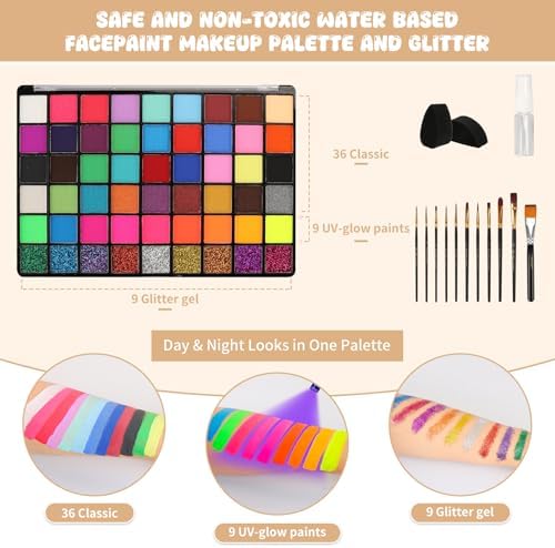 Pintada 54 Color Face Painting Kit for Kids - Non Toxic Water Based face paint Set with Brushes, Stencils, Gems & Sponges, - Safe for Sensitive Skin, Halloween, Birthday Parties, Cosplay & Festivals