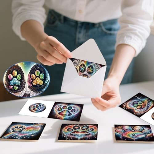 6 Pack Diamond Painting Greeting Cards with Envelopes, DIY 5D Diamond Art Card Kit Colorful Artistic Paw Designs, 30x15cm Handmade Rhinestone Cards Crafts for Pet Lovers and Creative Greetings