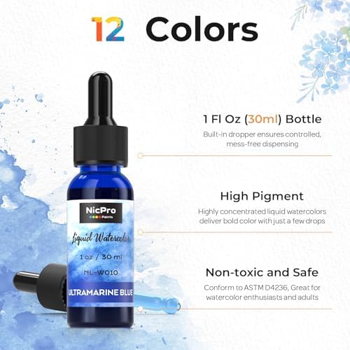 Nicpro 12 Colors Liquid Watercolor Paint Set 30ml (1oz) Ink Dropper Bottles