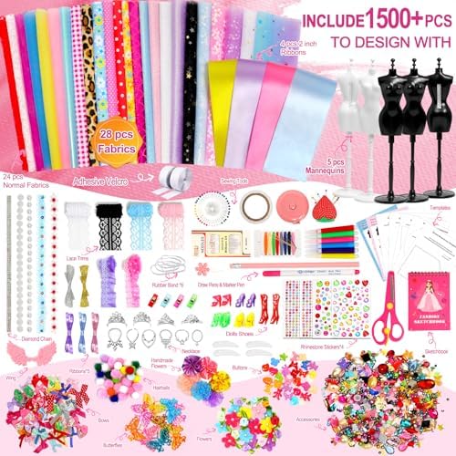 Axirata 1500+PCS Fashion Designer Kit for Girls with Fashion Sketchbook & 5 Mannequins, Creativity DIY Arts & Crafts Kit for Kids Sewing Kit for Teen Girls Birthday Gift Age 6 7 8 9 10 11 12+