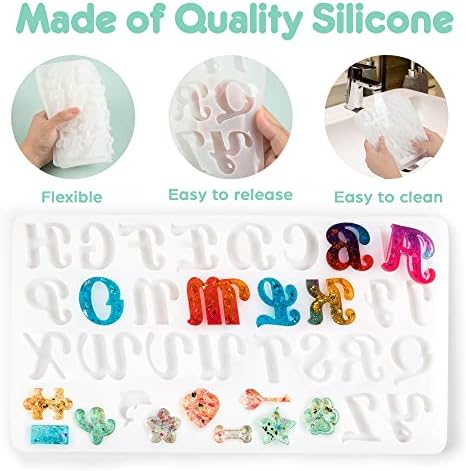 Mocoosy 182Pcs Fancy Alphabet Resin Molds Silicone Kit, Reversed Letter Keychain Epoxy Resin Casting Molds, Resin Key Chain Making Set with 1 Hand Drill 2 Drill Bits 30 Key Rings 100 Screw Pins