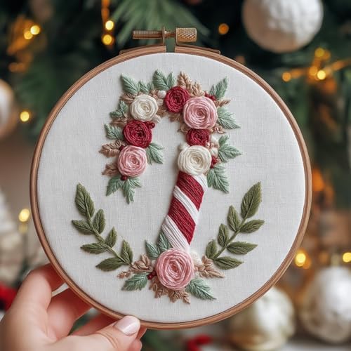 IUHUI Embroidery Kit for Beginners Adults - Anticipated Christmas Patterns, DIY Hand Stitching Embroidery Set with Hoop (Floral Candy Cane)