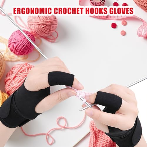 2 Pack Ergonomic Crochet Hooks Gloves with 10 Pack Finger Sleeves Crochet Accessorie for Crochet Supplies for Crocheters
