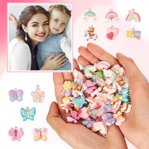 Cheriswelry 36pcs Butterfly Cactus Flower Pendants Cute Rabbit Heart Resin Dangle Charms Lovely Earring Making Charms Hang Ornament 15~30mm for DIY Craft Necklace Jewelry Making