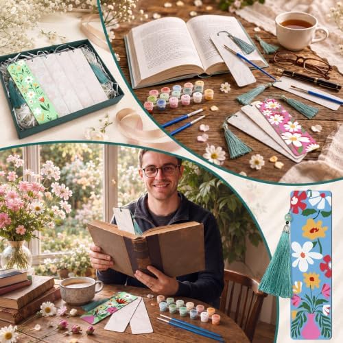 Kosiz 24 Pcs Butterfly Flowers Paint by Number Kit for Adult Wood Bookmark | Mini Paint by Numbers Kit, Painting Decor, Tassels Blank Bookmarks, for Small DIY Craft Book Lovers Gift 7x2 ''