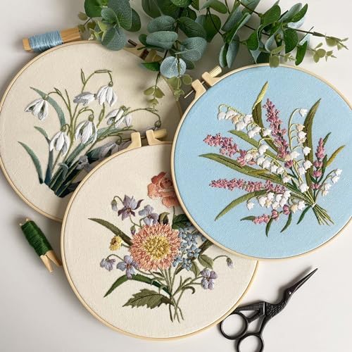 Myfelicity Embroidery kit for Adults and Beginners, Includes 3 Floral Pattern Fabrics, 3 Embroidery Hoops, Embroidery Floss and Other Tools.