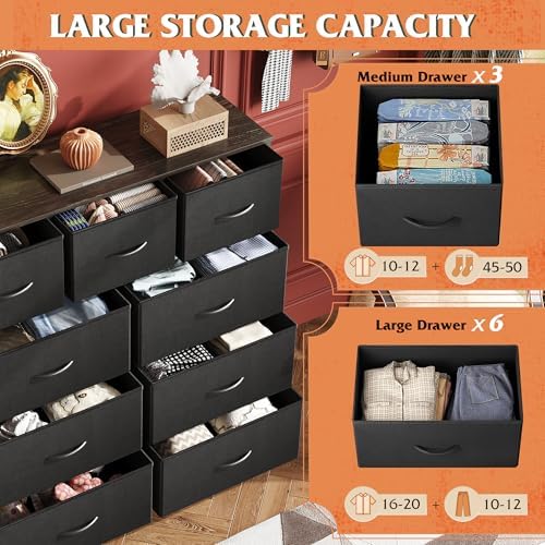 WLIVE Tall Dresser for Bedroom, 9 Drawer Chest of Drawers, Charcoal Black | 9 roomy fabric drawers, Tall storage design, Bedroom or closet use, Sturdy steel frame, Smooth wood tabletop