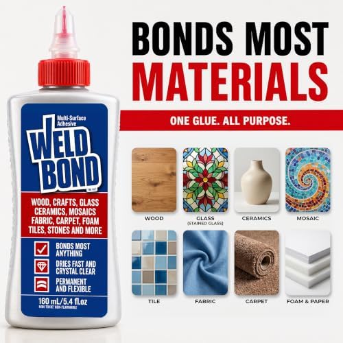 Weldbond Multi-Surface, Non-Toxic Glue, Bonds Most Anything! Use as Wood Glue or for Glass Crafts Ceramic Tile Mosaic Porcelain Stone Fabric Carpet & More. 4-Pack of 5.4oz /160ml