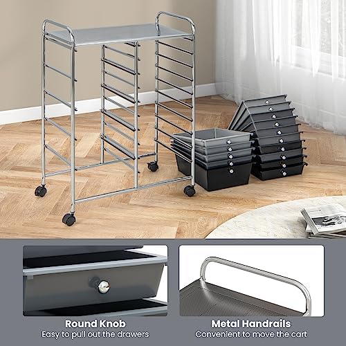 GOFLAME 15-Drawer Rolling Storage Cart, Craft Storage Cart with Removable Drawers & Lockable Wheels, Art Cart Supply Storage Organizer for Home Office Classroom, Gray Gradient