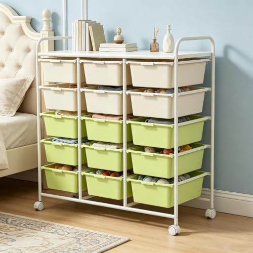 15-Drawer Rolling Storage Cart with Wheels, 2-Color Plastic Drawer Cart | Mobile Organizer Cart, Utility Storage Trolley for Office, Living Room, Craft Room, Bathroom, and Home Organization