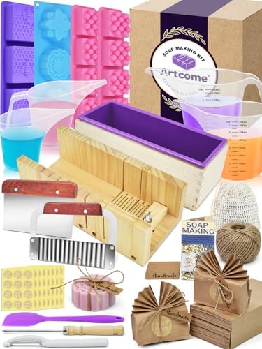 Artcome DIY Soap Making Kit with Rectangular Loaf Mold, Adjustable Wooden Cutter, Funnel Pitchers, Measuring Cups, Silicone Molds & 100 Paper Bags for Adults & Kids Craft - Ideal Gift for Occasions | Including Rectangular Loaf Mold, Adjustable Wooden C...