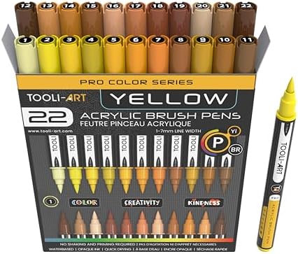 TOOLI-ART 22 Flexible Brush Tip Acrylic Paint Pens Markers Set 1-7mm Line for Rock Painting, Glass, Mugs, Wood, Metal, Canvas, Plastic. Non Toxic Waterbased Quick Drying Assorted Yellow