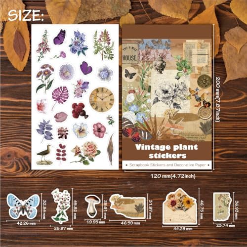 Vintage Cottagecore Stickers Set - 38 Sheets Retro Floral, Botanical Animal Washi Stickers & Writing Antique Scrapbook Paper for Journaling, Crafting, Art Projects