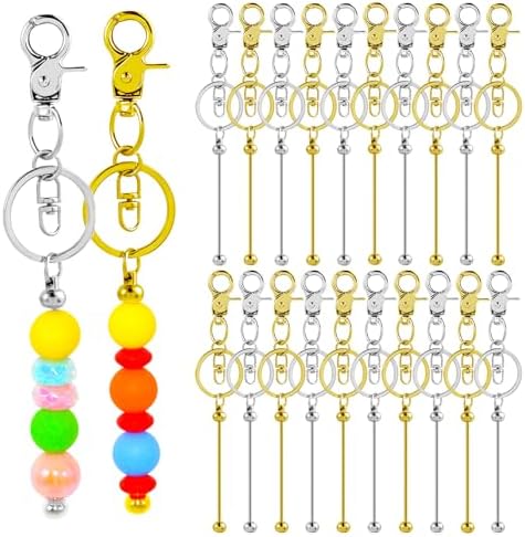 40 Pcs Beadable Keychains Bulk Kit – DIY Keychain Making Supplies with Metal Blanks for Crafts, Jewelry, Charms, Custom Projects – Blank Chain Bars for Beaded Keychain Design (Gold + Silver)