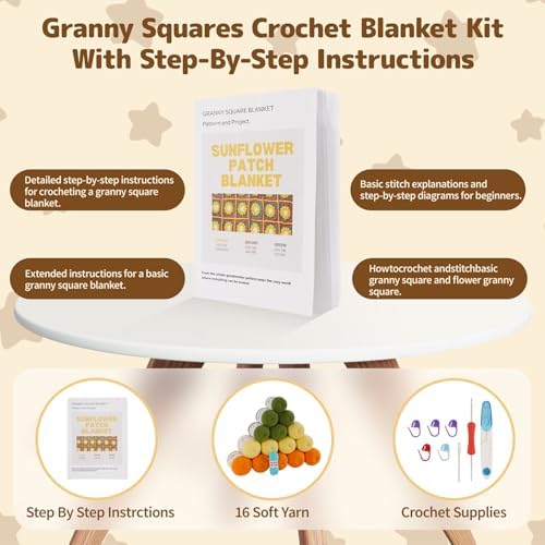 WILSHIN Granny Squares Blanket Crochet Kit for Beginners – Soft Yarns, Detailed Instructions & Step-by-Step Tutorials, Easy Crochet Starter Kit, Craft Gift for Adults (Brown Sunflower)