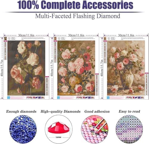 WNPOKN 3Pcs Vintage Vase Flowers Diamond Art Kits for Adults 12 x 16inch