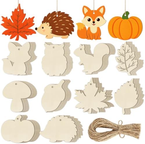 80PCS Wooden Fall Ornaments to Paint Thanksgiving Decorations, 10 Styles DIY Blank Autumn Unfinished Wood Maple Leaves Turkey Pumpkin Halloween Cutouts Ornament for Crafts Birthday Party Gifts Hanging