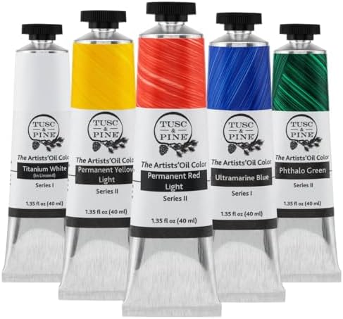 Tusc & Pine Artist Oil Paint - 40 ml Set of 5 - Basic Colors - Non-Yellowing, Rich & Creamy Consistency, Maximum Pigment Load, Small Batch Milled Oil Paints Developed for Professional Artists