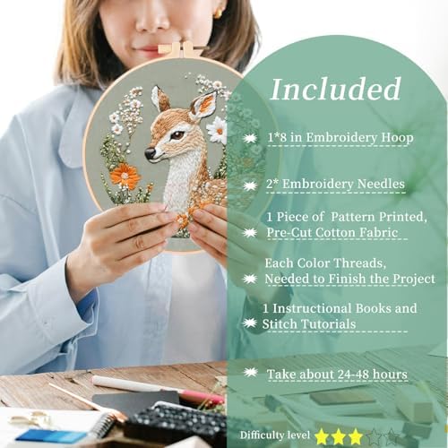 FONNUY Printed Deer and Floral Embroidery Kit with Hoop, Cross Stitch Kits for Beginners, Handmade Crafts, Easy to Follow Color Thread Needlework, 8'' Hoop (Deer and Daisies)