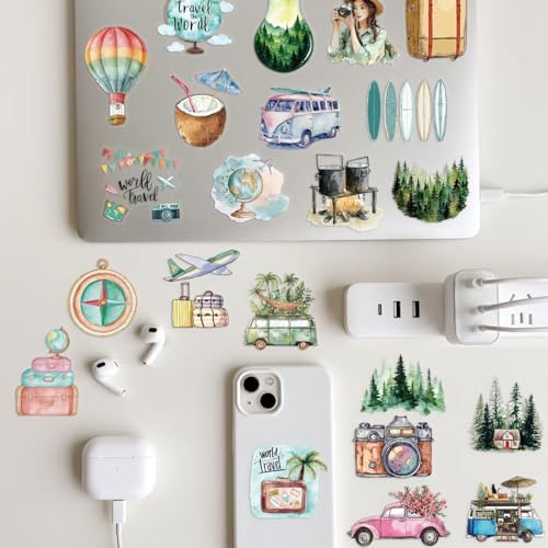 50PCS Vintage Watercolor Travel Stickers – Retro Vacation Clear Aesthetic Outdoor Adventure Stickers for Scrapbooking, Journaling, Luggage, Travel Decor