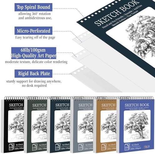 6 Pack Sketch Books Bulk 9x12 Inch Large Top Spiral Bound Sketch Pads 600 Total Sheets 6-Color Sketchbook Set 68lb/100gsm Acid-Free Drawing Paper for Students Beginners Artists Classroom Art Supplies