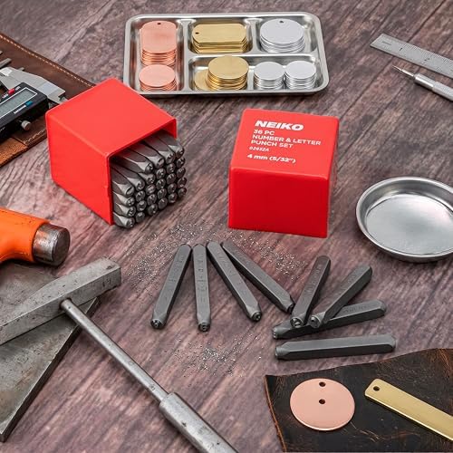 NEIKO 02632A Number and Letter Punch Set with Heat-Treated Steel Punches, Imprinting & Arts and Crafts, 5/32" (4 MM) Shaft, 36 Pc Stamp Set, Uppercase Letter & Number Punch Set (A-Z / 0-8 / "&")