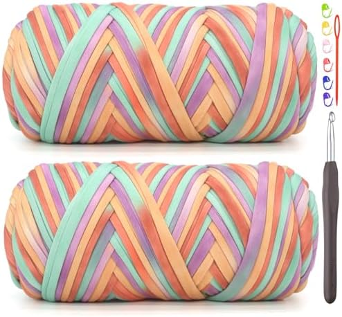 2 Pack Tshirt Yarn for Crocheting,Rainbow T Shirt Chunky Elastic Thick T-Shirt Crochet Yarn for Beginners Crocheting Hand Knitting Bag/Basket/Coasters/DIY Crafts/Home Decor 2*200G-Purple Orange Green