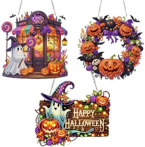 3 Pack Halloween Diamond Art Hanging Kit for Adult, Acrylic Decor 8x8inch