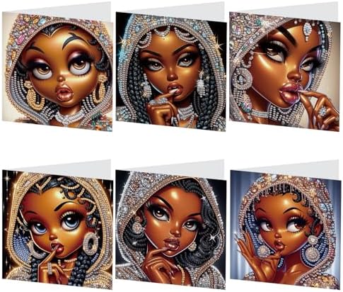 AiYuanzsh 6 Pcs 5D Diamond Painting Greeting Card Kits, Luxury Black Beauty Design DIY Diamond Art Greeting Cards with Envelopes, Handmade Rhinestone Cards for Adults Birthday & Festival Celebration