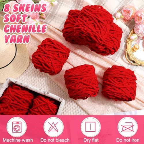 Buryeah 8 Pack Chunky Chenille Yarn for Crocheting, Red