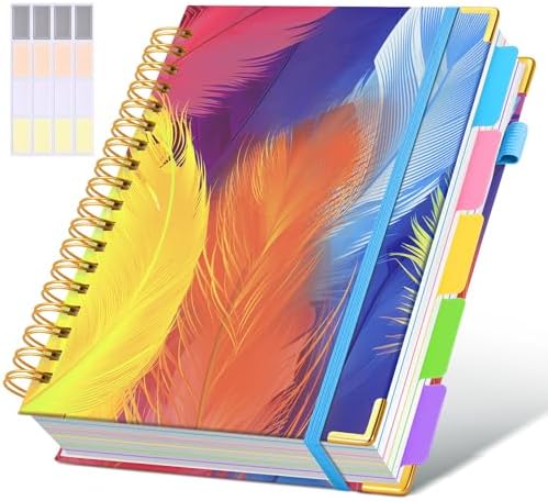 Hardcover Spiral Notebook journal with Removable Dividers Tabs, 300 Pages 5 Subject Notebook College Ruled, 100GMS Notebooks for Work School Note taking,Lined Journal for Women,Colorful Feather