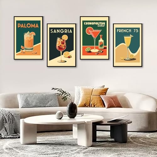 4 Pack Framed Paint by Numbers Kit for Adults, Retro Cocktail , 8 x 12 Inch | DIY Acrylic Painting by Numbers for Beginners, with Wooden Easel, Bar Home Wall Decor, Stress Relief Craft Gift