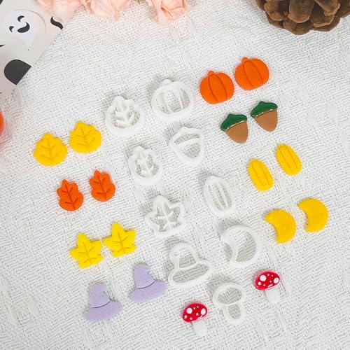 Xaekicr 9PCS Fall Theme Polymer Clay Cutters for Earrings – Autumn Leaves, Pumpkin, Acorn, Witch Hat Clay Cutters – Polymer Clay Molds & Tools for Jewelry Making