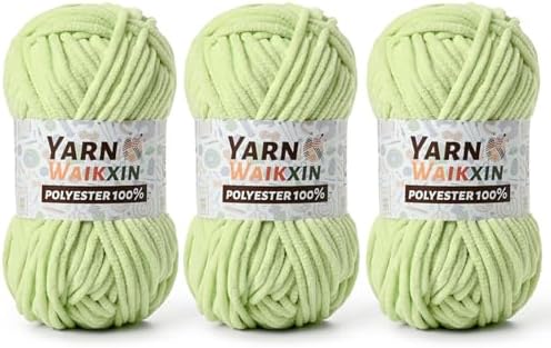 3 Fresh Green Soft Chenille Yarn for Crocheting, Fluffy Chunky Crochet Yarn for Baby Blanket, (10.58oz/393yds) Fuzzy Velvet Yarn for Amigurumi&DIY Puzzle、Crafts、Scarf