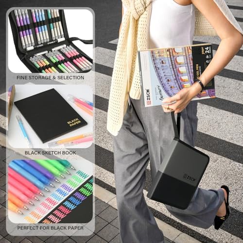 ZSCM 24 Colors 3D Acrylic Gel Pens & Black Paper Sketchbook for Drawing